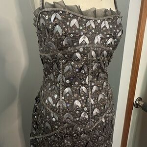 Vintage MANDALAY Gunmetal Beaded Corset Leaf Embellished Midi Dress S/M